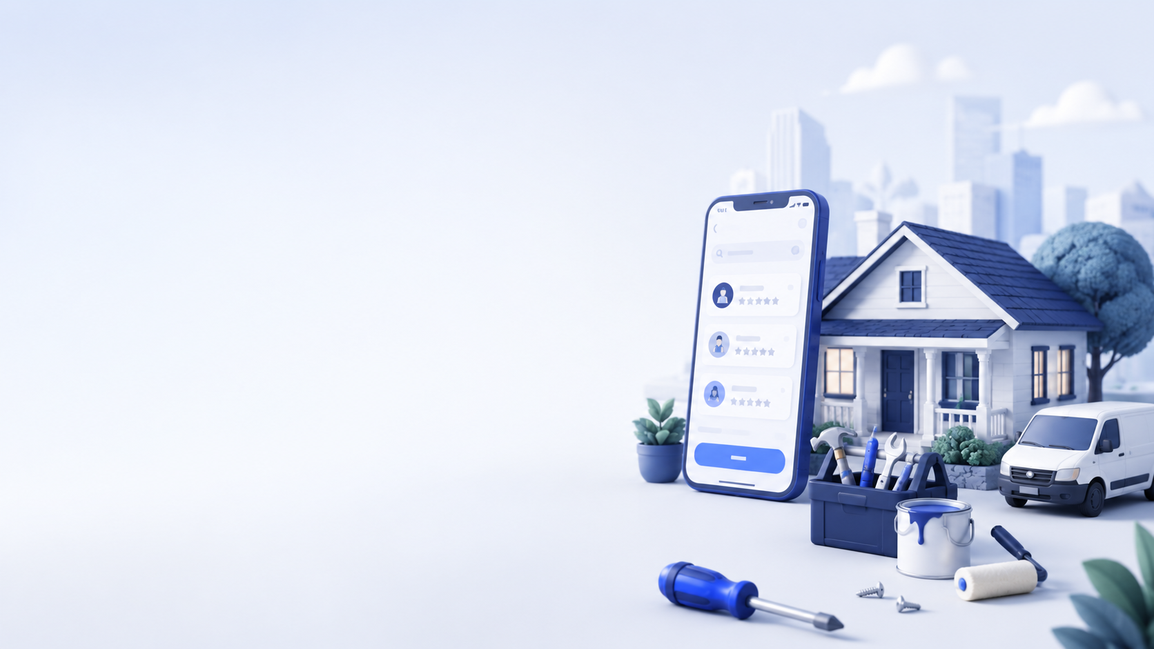 Home, phone, tools, and small van in a blue WeeJobs visual style