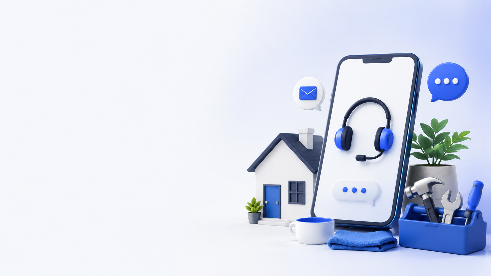 Blue home service objects beside a phone and toolbox