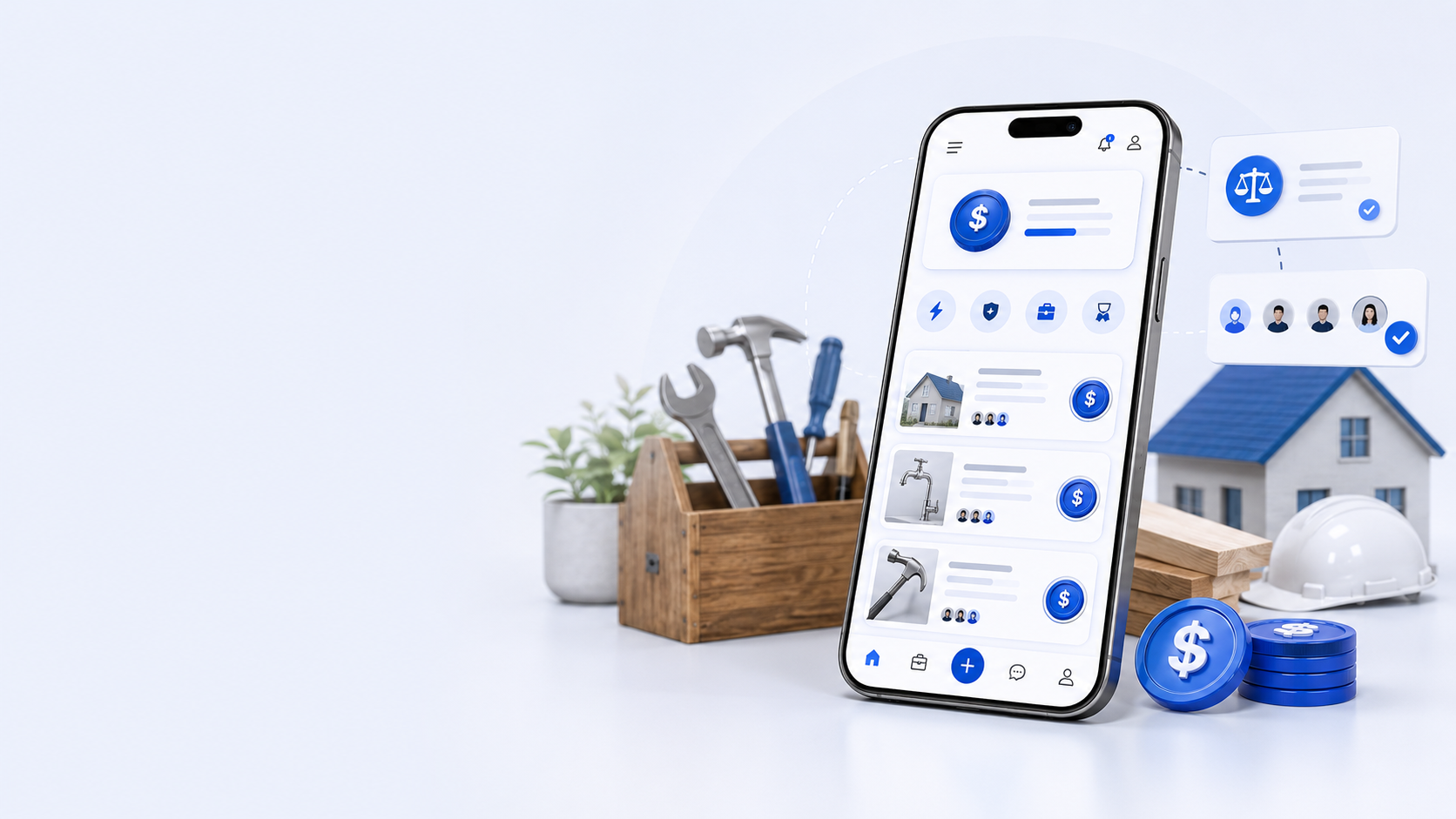 WeeJobs phone concept with blue credit icons and home repair tools