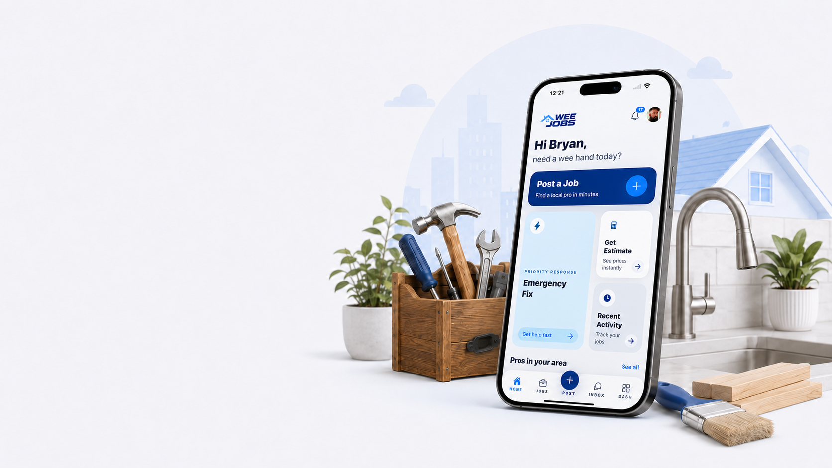 WeeJobs app shown beside home tools for small local jobs