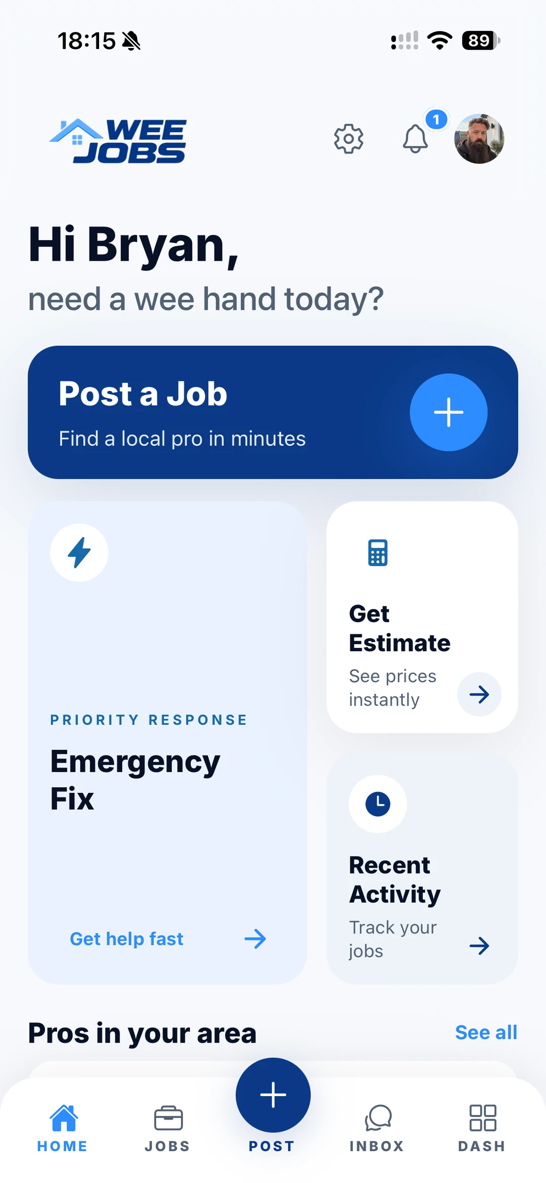 WeeJobs home screen with the Post a Job action, Emergency Fix, Get Estimate and Recent Activity